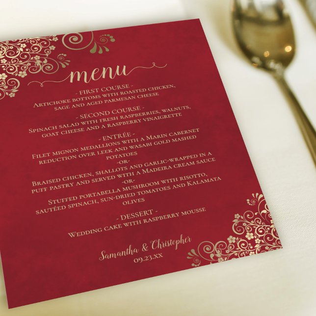 Elegant Gold Frills on Red Budget Wedding Menu (Creator Uploaded)