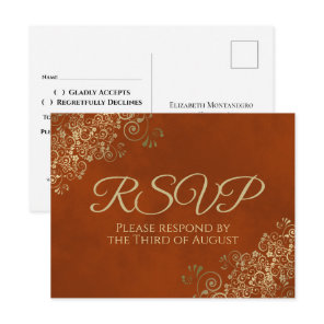 Elegant Gold Frills on Rust Orange Wedding RSVP Postcard