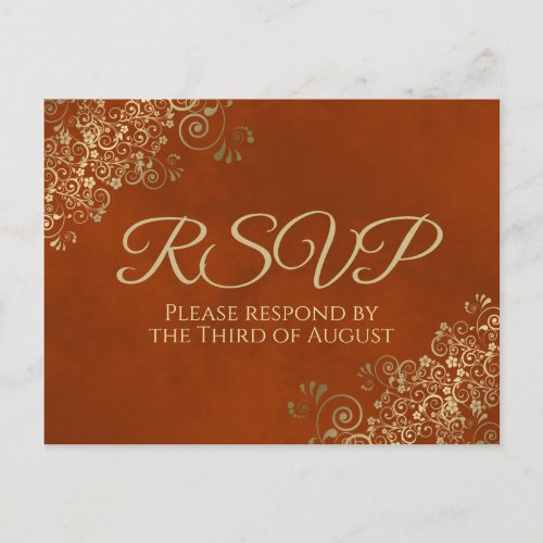 Elegant Gold Frills on Rust Orange Wedding RSVP Postcard