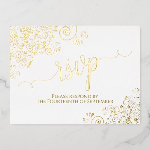 Elegant Gold Frills on White Wedding RSVP Foil Invitation Postcard