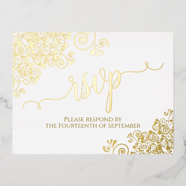 Elegant Gold Frills on White Wedding RSVP Foil Invitation Postcard (Front)
