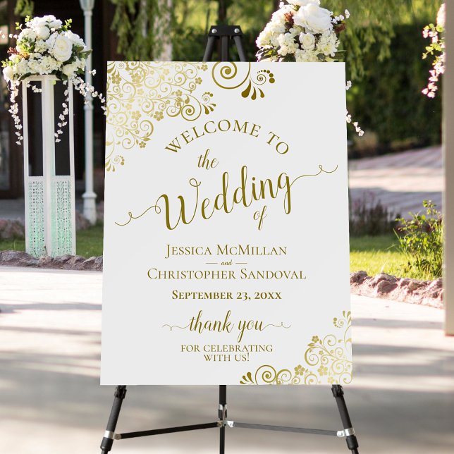 Elegant Gold Frills on White Wedding Welcome Foam Board (In Situ on Stand with Flowers)