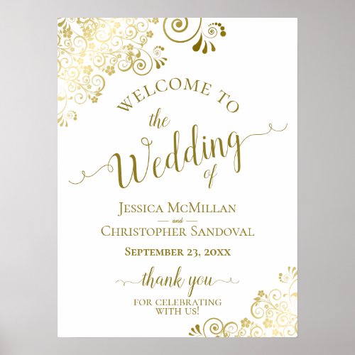 Elegant Gold Frills on White Wedding Welcome Poster
