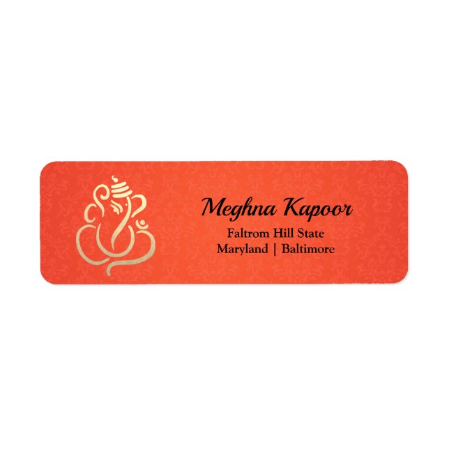 Elegant Gold Ganesh/ Indian God Orange Damask Label (Front)
