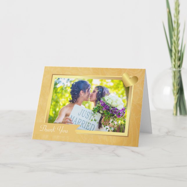 Elegant Gold Gay Lesbian Wedding Photo Thank You Card (Front)