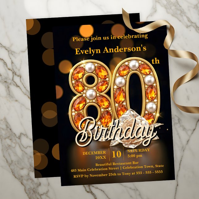 Elegant Gold Gemstone 80th Birthday Party Invitation (Creator Uploaded)
