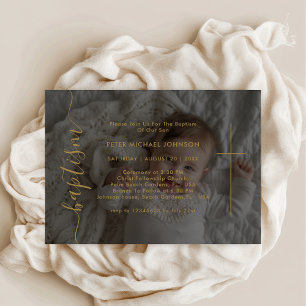 Elegant Gold Gender Neutral Photo Baptism Invitation