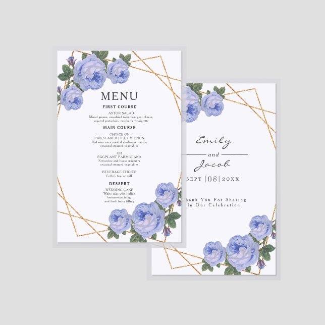 Elegant Gold Geo Blue Floral Wedding Laminated Menu (Front/Back)