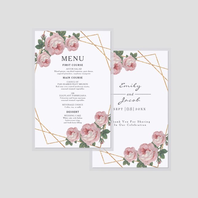 Elegant Gold Geo Pink Floral Wedding Laminated Menu (Front/Back)