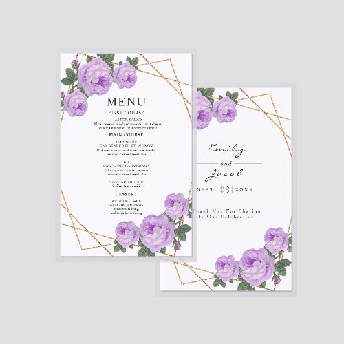 Elegant Gold Geo Purple Floral Wedding Laminated Menu