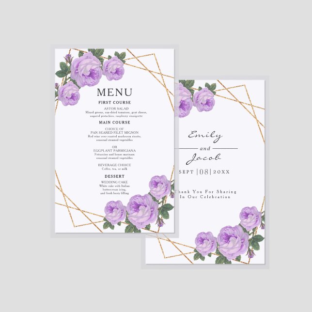 Elegant Gold Geo Purple Floral Wedding Laminated Menu (Front/Back)