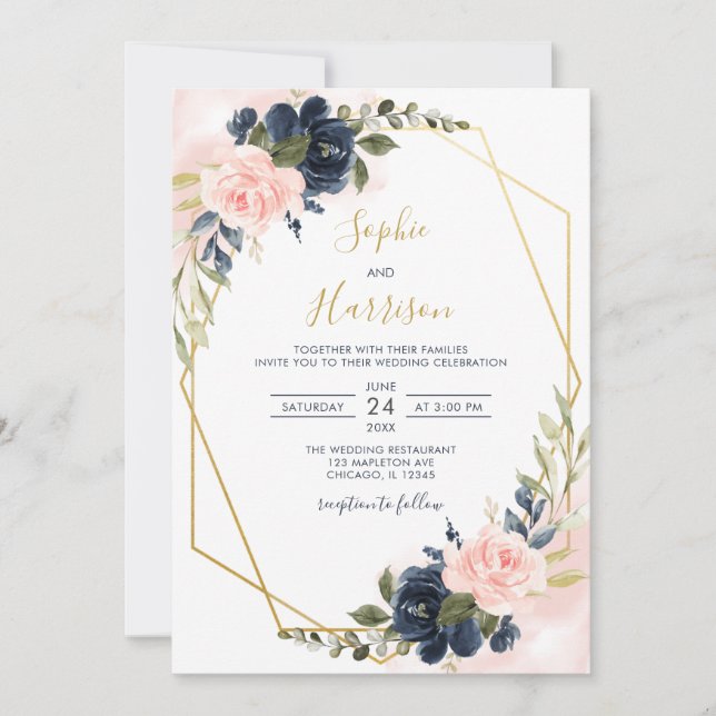 Elegant Gold Geometric Blush and Navy Wedding Invitation (Front)