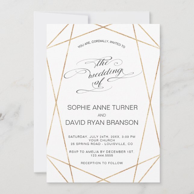 Elegant Gold Geometric Calligraphy Wedding Invitation (Front)
