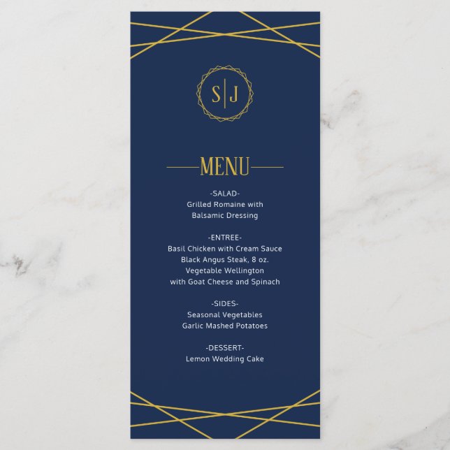 Elegant Gold Geometric | Dark Blue Wedding Menu (Front)