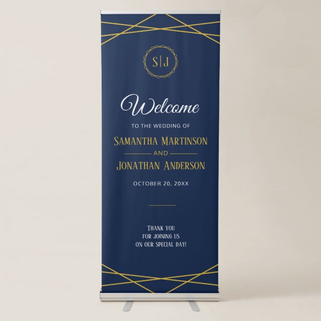 Elegant Gold Geometric | Dark Blue Wedding Welcome Retractable Banner (Front)