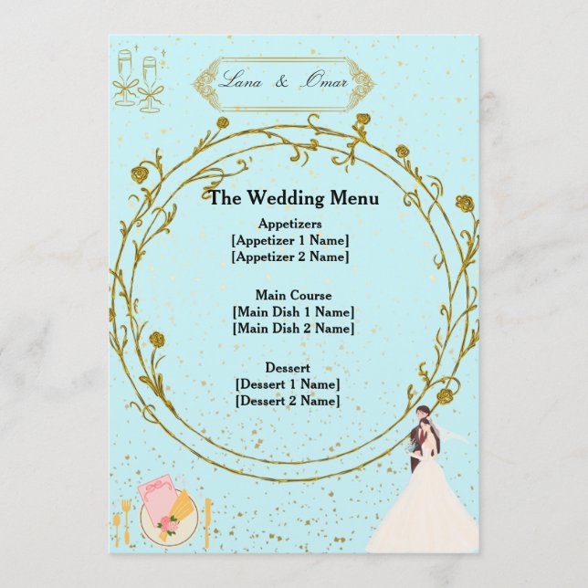 Elegant Gold Geometric Dusty Blue Wedding Menu  (Front)