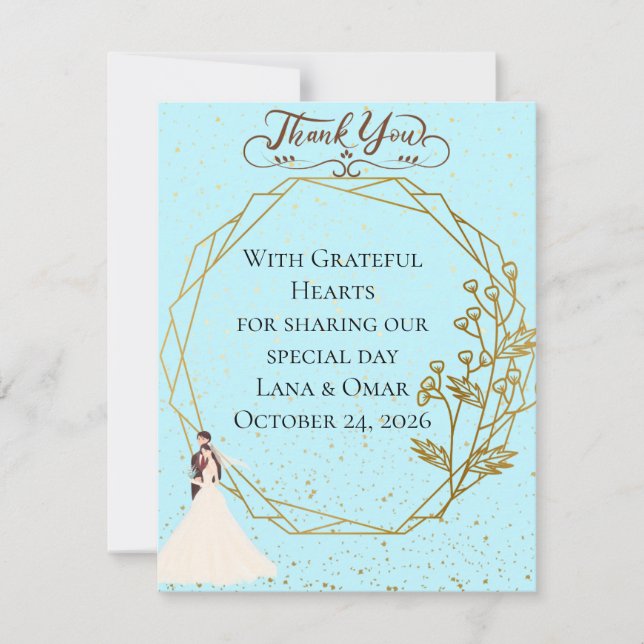 Elegant Gold Geometric Dusty Blue Wedding Thank You Card (Front)