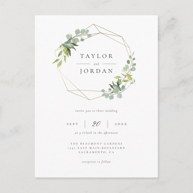 Elegant Gold Geometric Eucalyptus Greenery Wedding Invitation Postcard (Front)