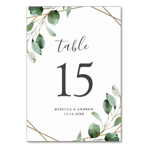 Elegant Gold Geometric Eucalyptus Greenery Wedding Table Number