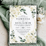 Elegant Gold Geometric Floral Greenery Wedding Invitation<br><div class="desc">Design features an elegant printed gold colored geometric frame decorated with watercolor flowers in neutral shades, such as - white, ivory, champagne, and more. The floral elements consist of roses, peonies, hydrangea and baby's breath. This modern template also features mixed greenery, eucalyptus, leaf elements and more for a very unique...</div>