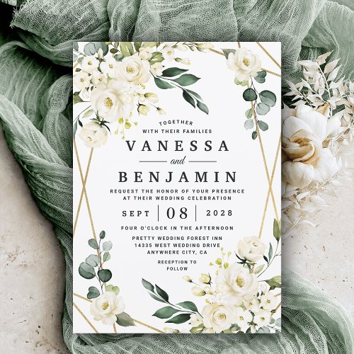 Elegant Gold Geometric Floral Greenery Wedding Invitation