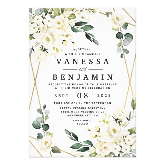 Elegant Gold Geometric Floral Greenery Wedding Invitation