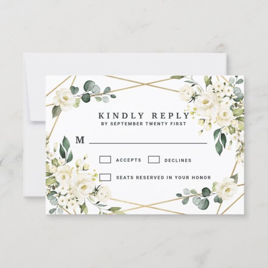 Elegant Gold Geometric Floral Greenery Wedding RSVP Card