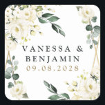 Elegant Gold Geometric Floral Greenery Wedding Square Sticker<br><div class="desc">Design features an elegant printed gold colored geometric frame decorated with watercolor flowers in neutral shades, such as - white, ivory, champagne, and more. The floral elements consist of roses, peonies, hydrangea and baby's breath. This modern template also features greenery, eucalyptus, leaf elements and more for a very unique look...</div>