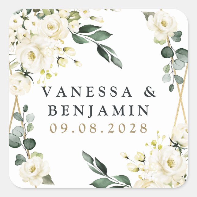 Elegant Gold Geometric Floral Greenery Wedding Square Sticker (Front)