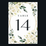 Elegant Gold Geometric Floral Greenery Wedding Table Number<br><div class="desc">Design features an elegant printed gold colored geometric frame decorated with watercolor flowers in neutral shades, such as - white, ivory, champagne, and more. The floral elements consist of roses, peonies, hydrangea and baby's breath. This modern template also features greenery, eucalyptus, leaf elements and more for a very unique look...</div>