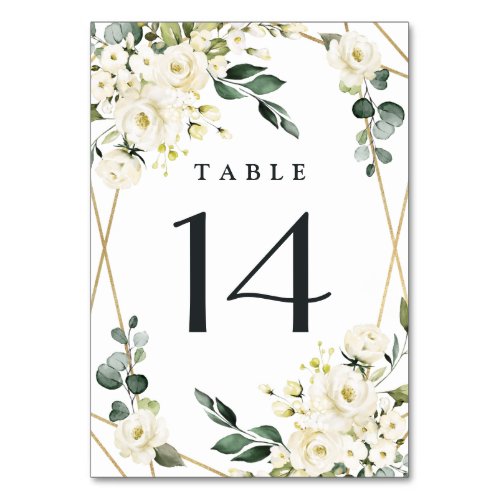 Elegant Gold Geometric Floral Greenery Wedding Table Number