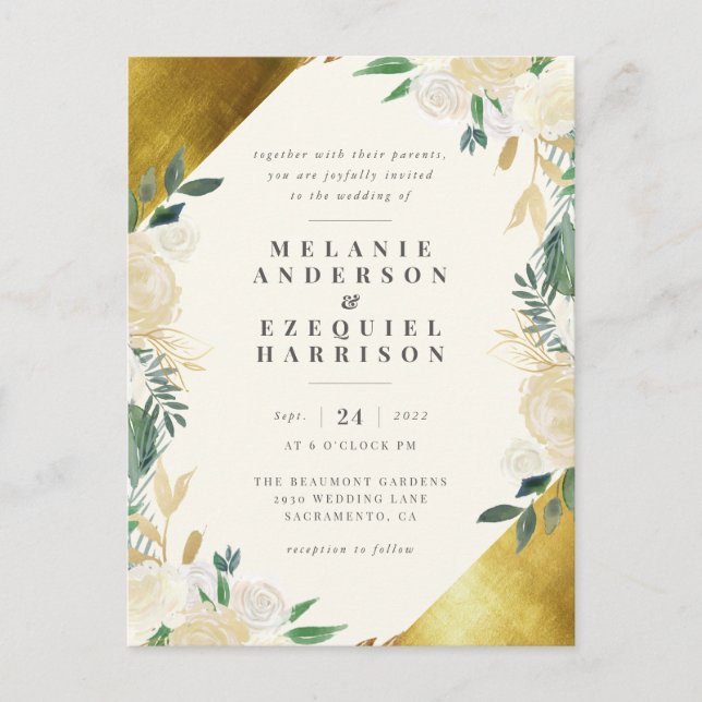 Elegant Gold Geometric Floral Wedding Invitation Postcard (Front)