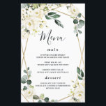 Elegant Gold Geometric Floral Wedding Menu Cards<br><div class="desc">Template features an elegant printed gold colored geometric frame decorated with watercolor flowers in neutral shades, such as - white, ivory, champagne, and more. The floral elements consist of roses, peonies, hydrangea and baby's breath. This modern design also features greenery, eucalyptus, leaf elements and more for a very unique look...</div>