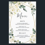 Elegant Gold Geometric Floral Wedding Menu Cards<br><div class="desc">Template features an elegant printed gold colored geometric frame decorated with watercolor flowers in neutral shades, such as - white, ivory, champagne, and more. The floral elements consist of roses, peonies, hydrangea and baby's breath. This modern design also features greenery, eucalyptus, leaf elements and more for a very unique look...</div>