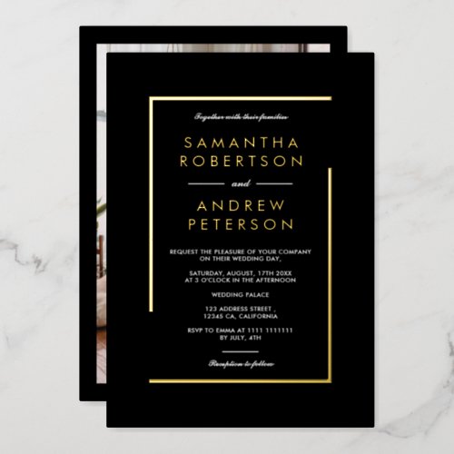 Elegant gold geometric frame photo wedding black foil invitation
