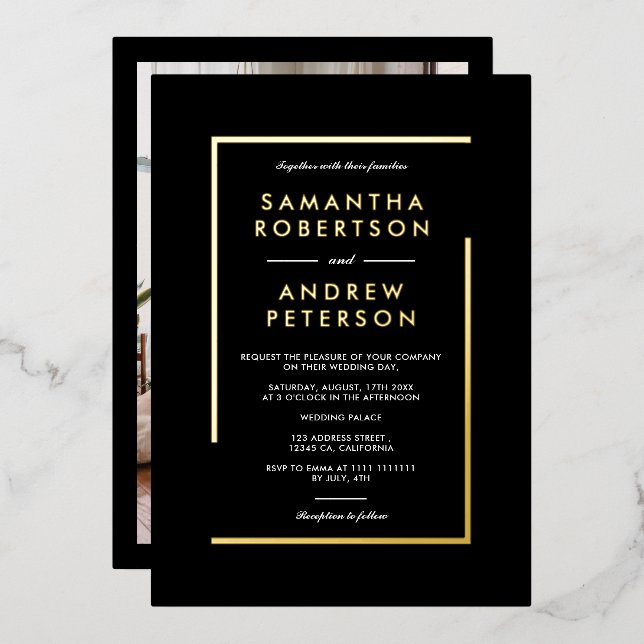 Elegant gold geometric frame photo wedding black foil invitation (Front/Back)