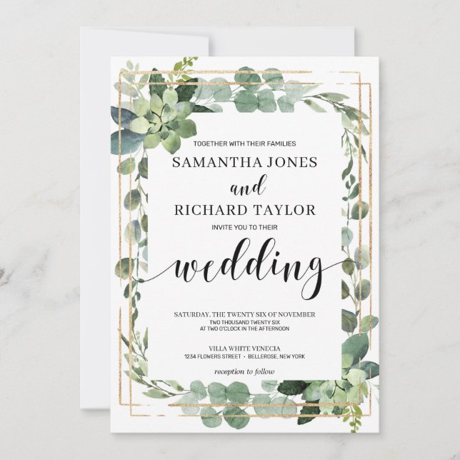 Elegant gold geometric frame succulent wedding invitation (Front)