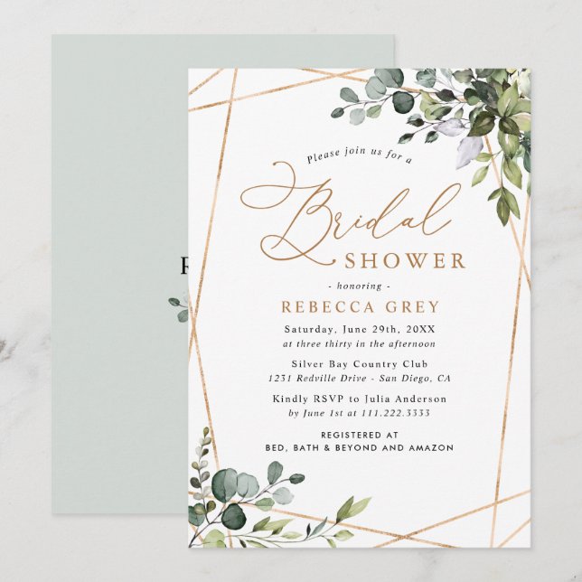 Elegant Gold Geometric Greenery Bridal Shower Invitation (Front/Back)