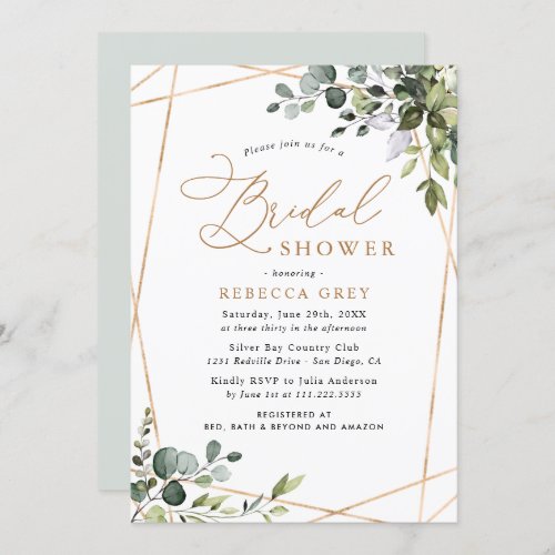 Elegant Gold Geometric Greenery Bridal Shower Invitation