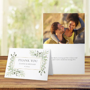 Elegant Gold Geometric Greenery Photo Wedding Letterpress Thank You Card