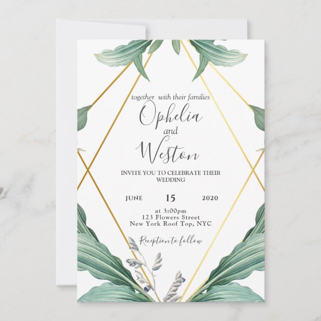 Elegant Gold Geometric Greenery Wedding Invitation (Front)