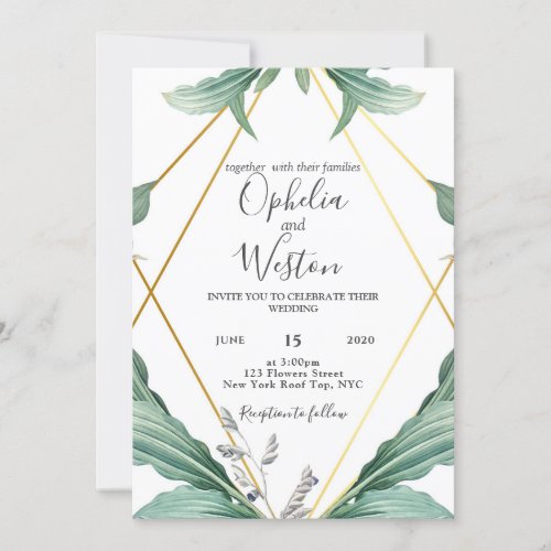 Elegant Gold Geometric Greenery Wedding Invitation