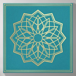 Elegant Gold Geometric Mandala on Teal | Moroccan Canvas Photo Tile