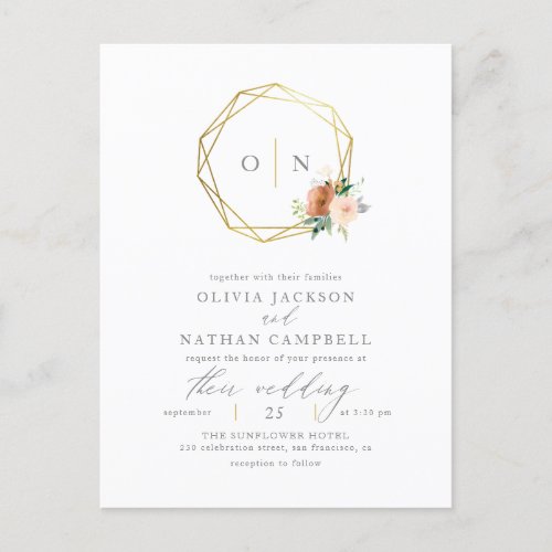 Elegant Gold Geometric Minimalist Initials Wedding Invitation Postcard