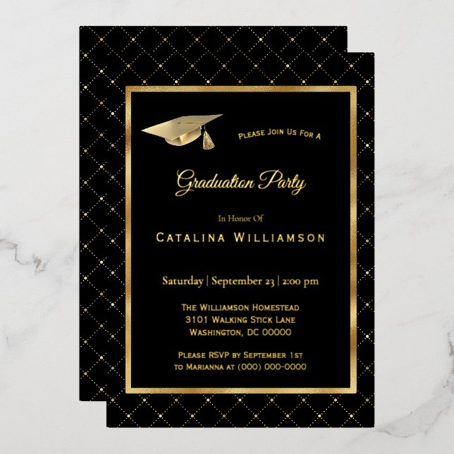 Elegant Gold Geometric Pattern Graduation Foil Invitation (Front/Back)