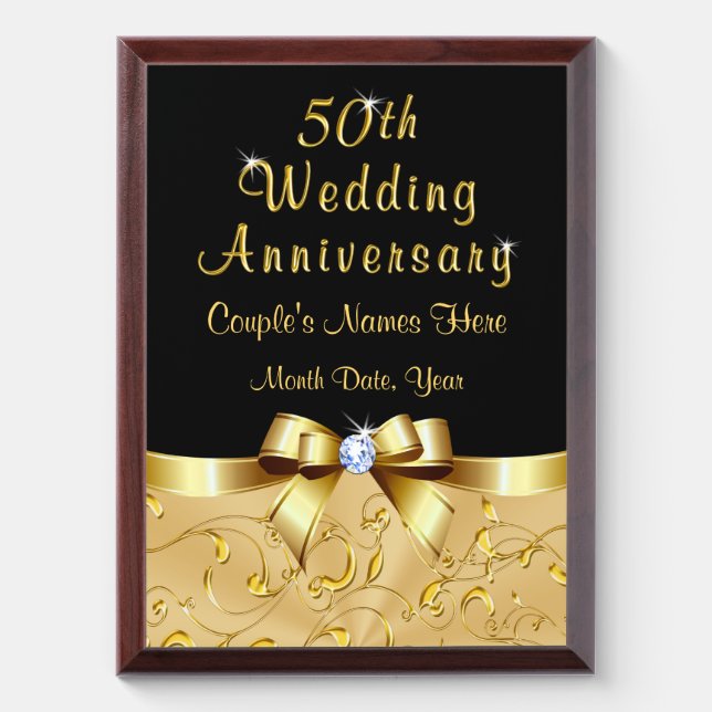 Elegant Gold Gifts for 50th Wedding Anniversary Award Plaque (Vertical)