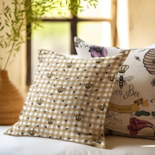 Elegant Gold Gingham Royal Queen Bee Pattern Throw Pillow