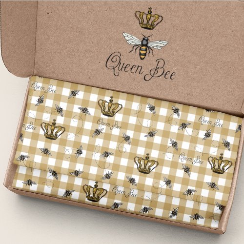 Elegant Gold Gingham Royal Queen Bee Pattern Tissue Paper
