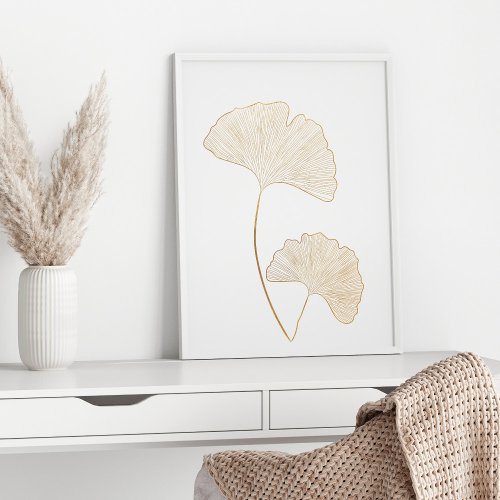 Elegant Gold Ginkgo Leaves Line Art Illustration Poster