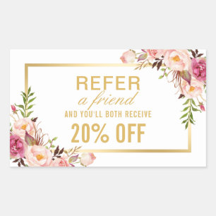 Elegant Gold Girly Floral Beauty Salon Referral Rectangular Sticker